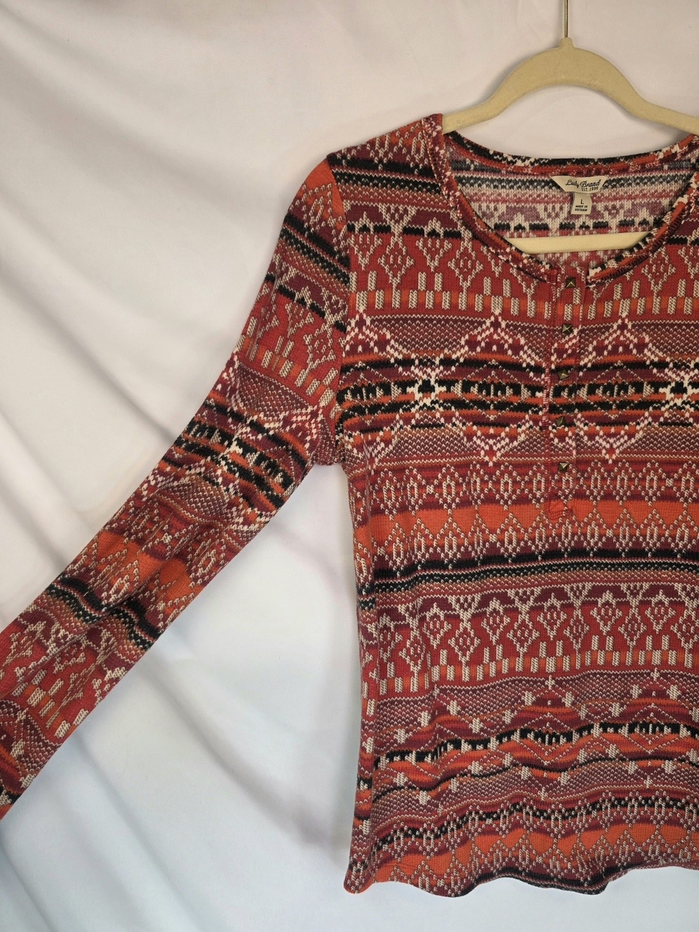 Lucky Brand Women's Aztec Southwestern Geometric Boho Fair Isle Henley Size L - Picture 5 of 6